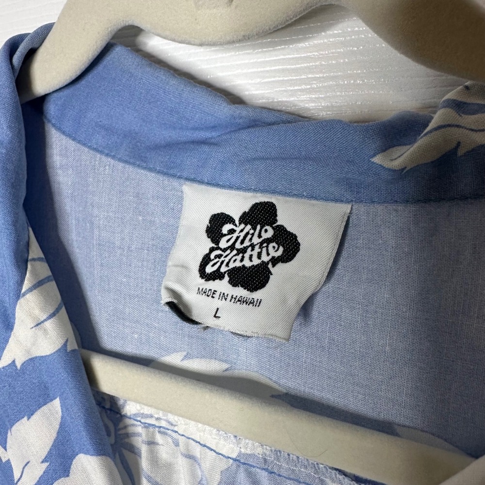 Vintage Hilo Hattie Hawaiian Shirt Mens L Blue White Hibiscus Floral Cotton - Picture 2 of 6